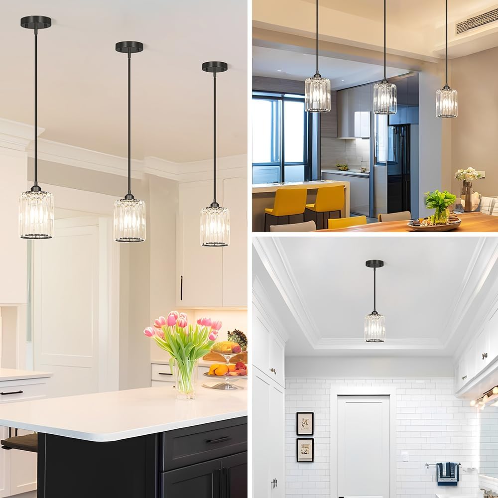 Black Kitchen Pendant Lights Over Island with Adjustable Rods - Crystal Pendant Lighting Fixtures 3 Pack, Ideal Over Dining Table or Bar, E26 Bulb Compatible, No Electrician Needed