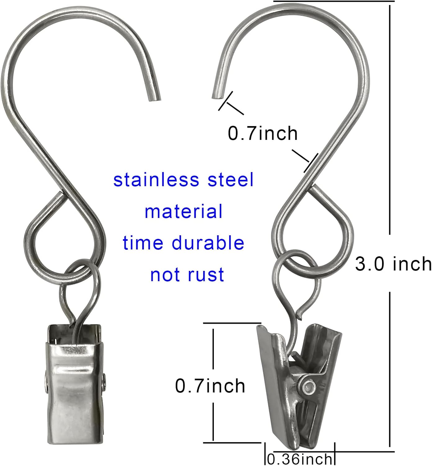Stainless Steel S Hooks Curtain Clips, 50 Pack Hanging Party Lights Clips, Hangers Gutter Photo, Art Craft Display, 3 Inch Long, Silver