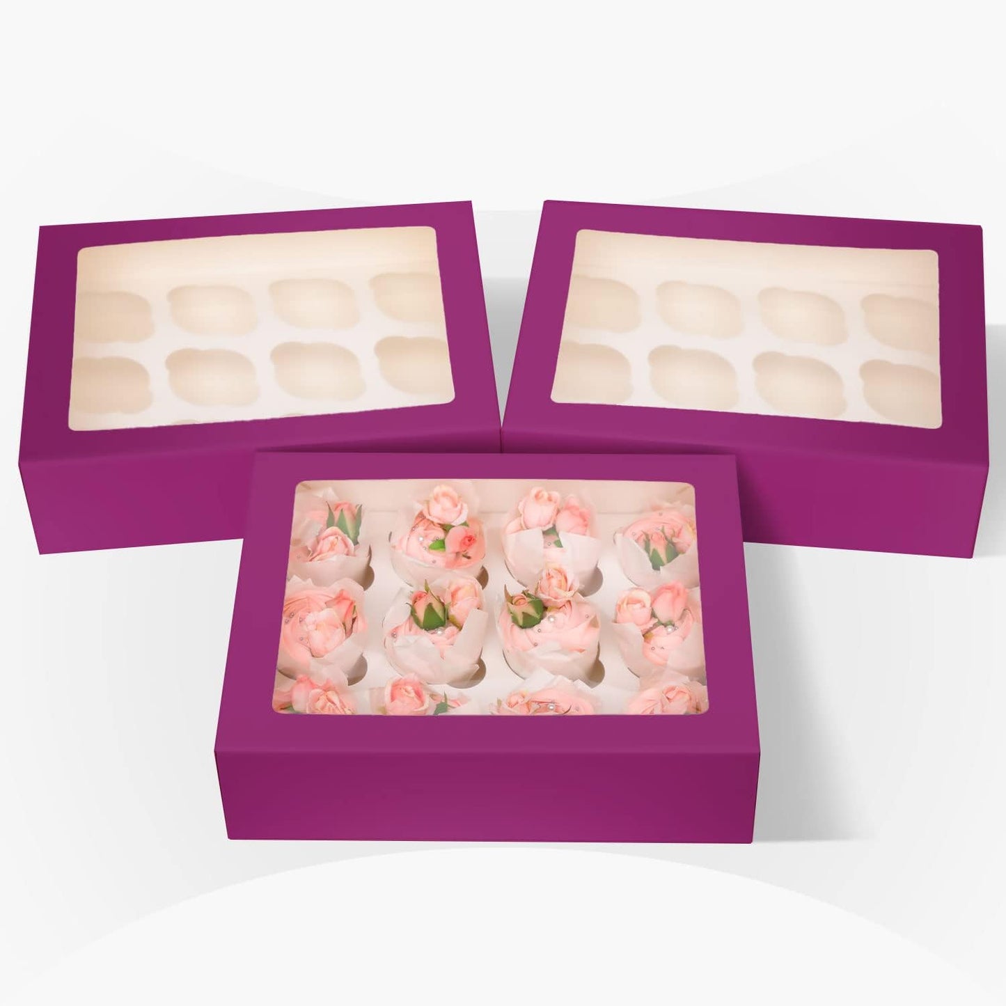 12 Cupcake Containers 10-Packs Deep Purple Cupcake Box Cupcakes Carrier, 12 Cupcake Boxes with Window 13"x10"x3.5"（Auto-pop up）
