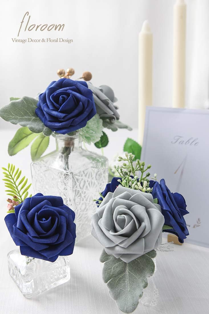 Floroom Artificial Flowers 25pcs Real Looking Silver Grey Foam Fake Roses with Stems for DIY Wedding Bouquets Bridal Shower Centerpieces Floral Arrangements Party Tables Home Decorations