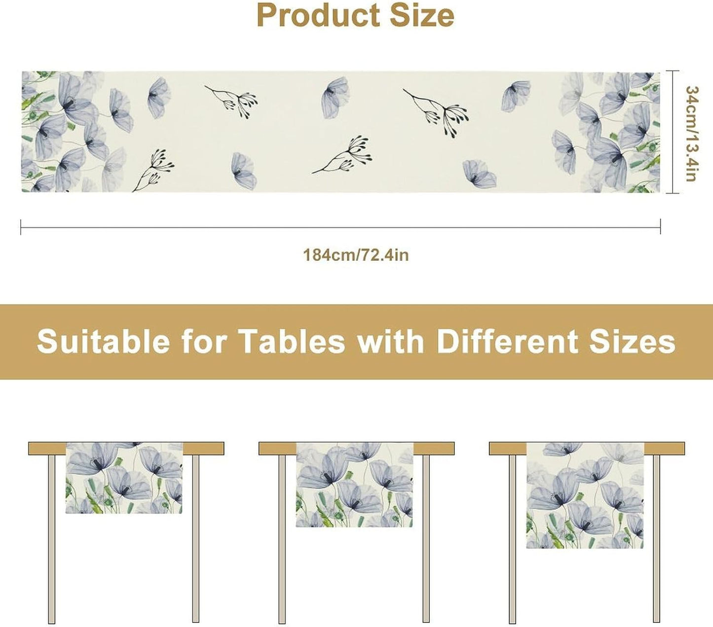 Watercolor Poppy Floral Table Runner, Abstract Seasonal Spring Summer Blue Purple Flower Kitchen Dinning Table Runner for Indoor Outdoor Home Wedding Party Holiday, 13x90 Inch