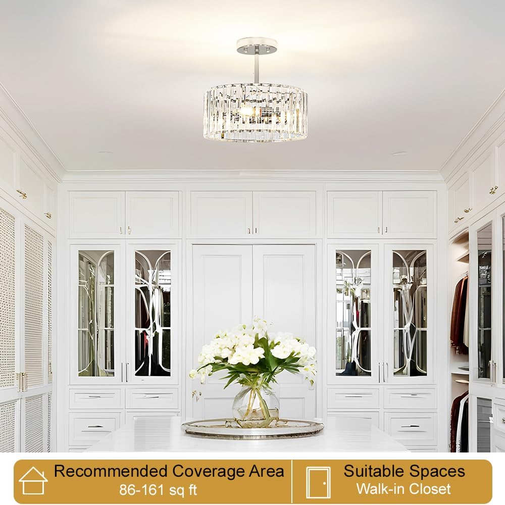 Modern Crystal Ceiling Light, Chrome Semi Flush Mount Ceiling Lighting Fixture, Hallway Light Fixtures Chandelier for Kitchen, Bedroom Dining Room Hallway Closet, 3-Light, 12 Inch