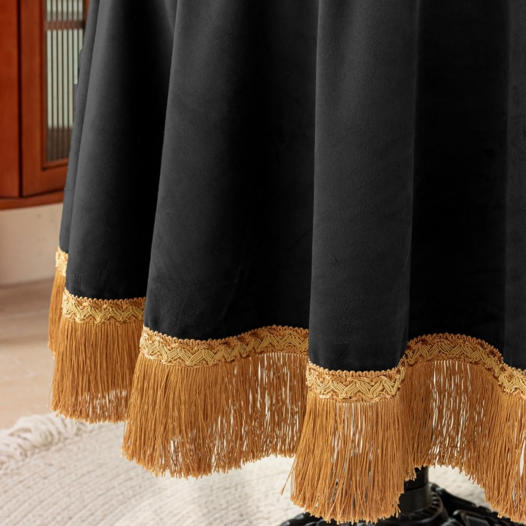 F-CHU Luxury Black Tablecloth Thickset Velvet Tablecloth with Beautiful Gold Tassels Table Cloth for Home Decor Wedding, Party, Banquet and Events 60x86-Inch