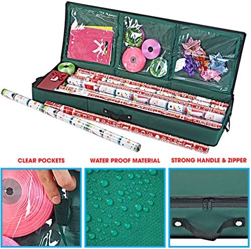 Primode Wrapping Paper Storage Container | Gift Wrap Organizer Under Bed | 41”x14”x6” | Box Holder for 18-24 Rolls Up to 40” | 600D Oxford Material | Pockets for Ribbon, Bows, and Accessories (Green) - Image 4