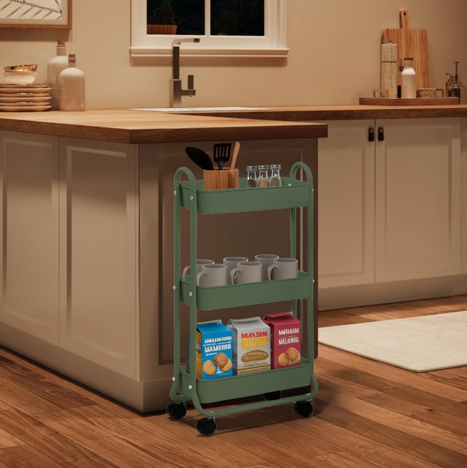 SunnyPoint Slim Rolling Storage Cart, 3 Tier Bathroom Storage Organizer Bathroom, Laundry Utility Cart (Turq) - Image 5
