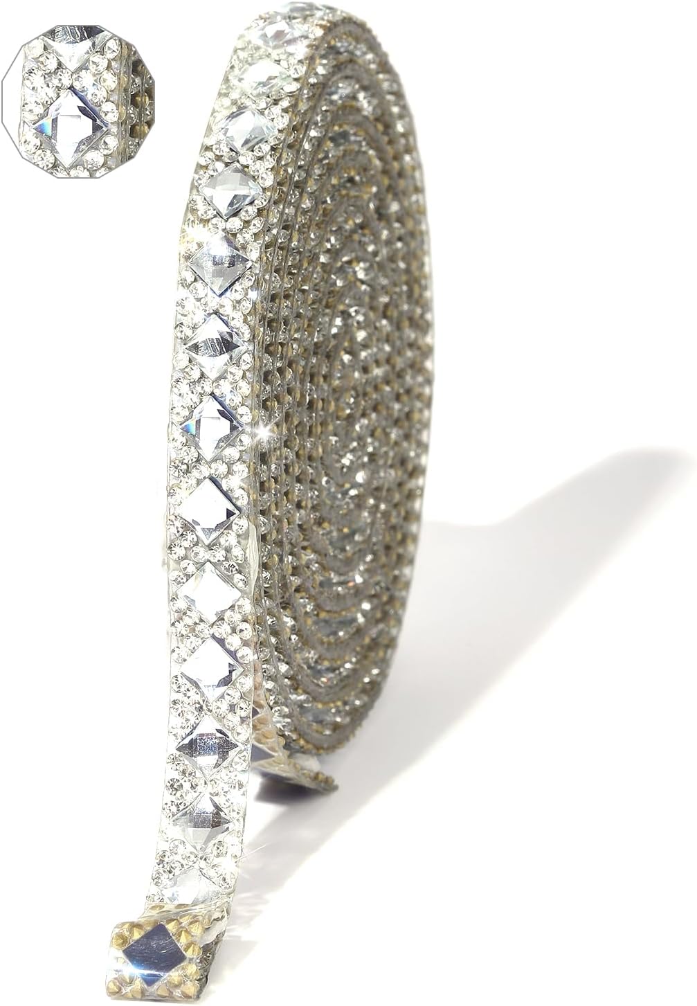 Rhinestone Ribbon 3 Yards Self Adhesive Rhinestone Strips Diamond Ribbon Sticker Crystal Roll Glitter Bling Rhinestones Tape for Crafting DIY Art Decoration (Clear,0.4 Inch)