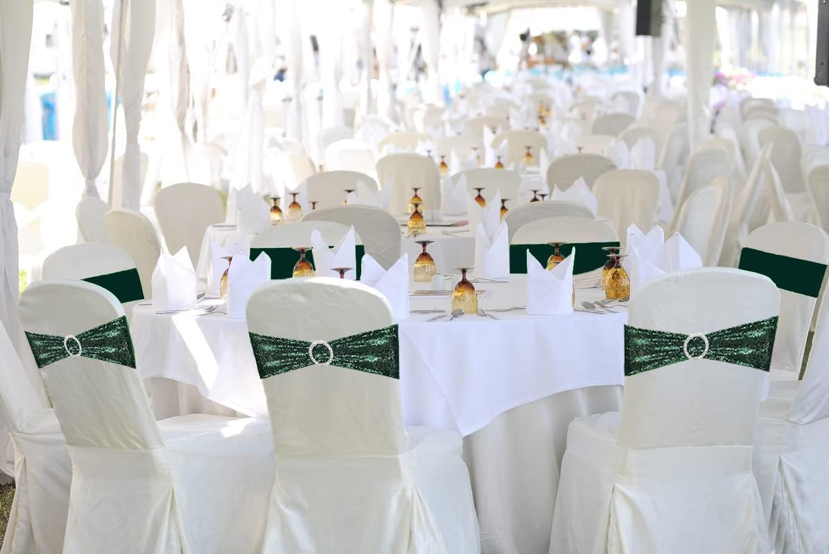100 Pcs Chair Sashes Sequin Stretch Chair Bands Dark Green Spandex Polyester Bows for Party Hotel Wedding Banquets Decoration - Hunter Emerald Green