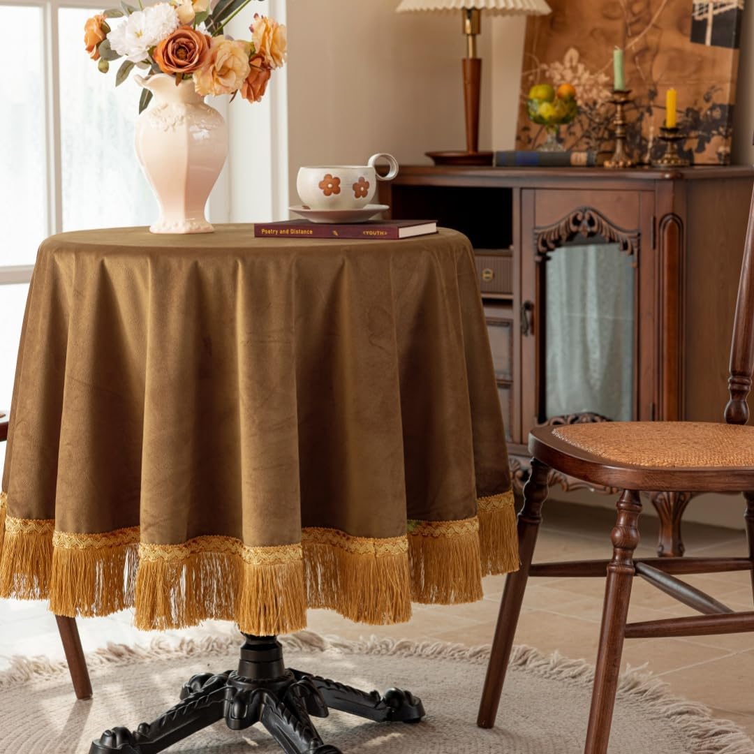 F-CHU Luxury Camel Tablecloth Thickset Velvet Tablecloth with Beautiful Gold Tassels Vintage Table Cloth for Home Decor Wedding, Party, Banquet and Events 60" Round