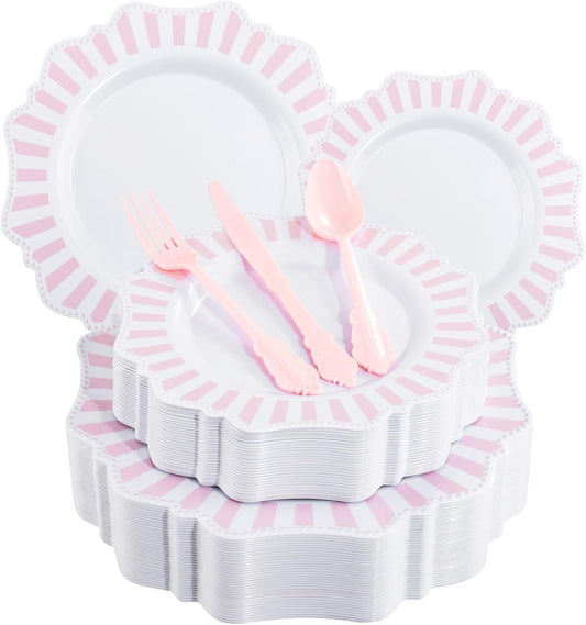 COLOSUS 150pcs Disposable Pink and White Stripped Plastic Plates and Silverware set, Light Pink Dinner/Dessert Plates silverware serve 30guests for Easter day, Wedding Party and Daily use.