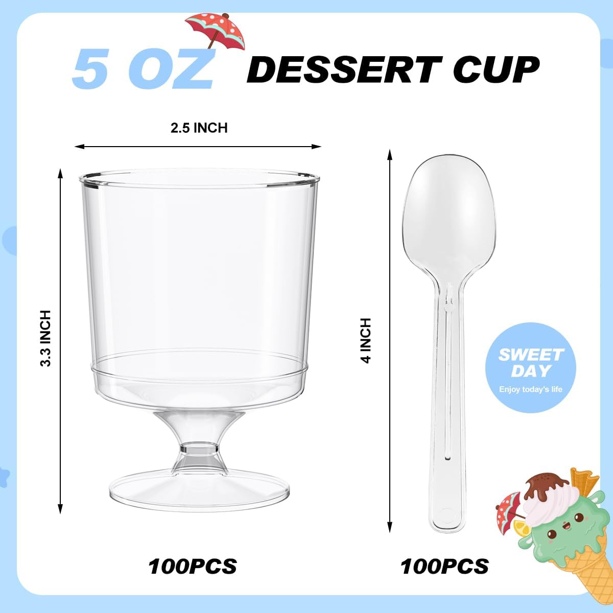 200 Pack Dessert Cups with Spoons,5Oz Clear Plastic Parfait Cup,Disposable Appetizer Cups Mini Shooter Cups for Fruit Ice Cream Mousse Pudding and Party