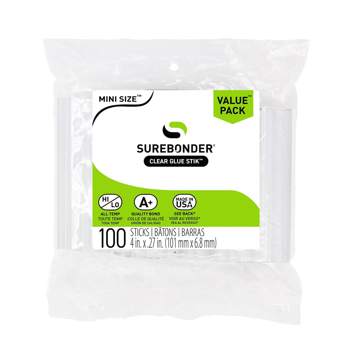 Surebonder DT-100 Made in The USA All Purpose Stik-Mini Glue Sticks-All Temperature-5/16 D, 4" L Hot Melt Glue Sticks-100 Sticks per Bag, Clear (Pack of 6)