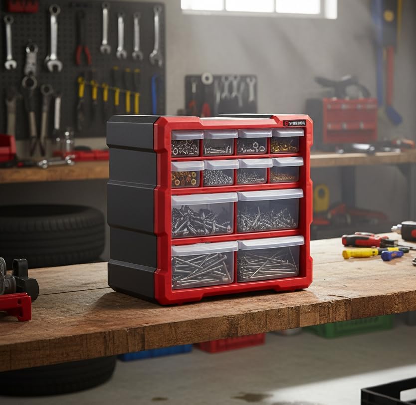 INTERTOOL Small Parts Organizer - 12 Removeable Bin Drawers - Tool Box for Storing Hardware and Garage Organization - For Screws, Bolts, Legos, Arts and Crafts - 10” x 10” x 6” - BX08-4024 - Image 2