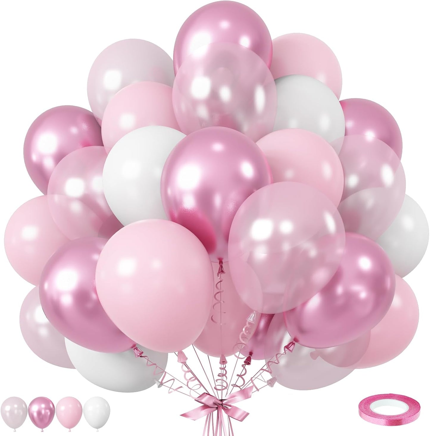 Pink Balloon Set - 12 Inch Metallic, Light Pink and White Latex, Pastel Macaron Pink Party Decoration for Girl Women Birthday, Wedding, Baby Shower, Valentine's Day