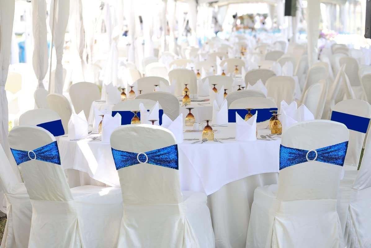 Sequin Chair Sashes Stretch Chair Bands Spandex Polyester Bows for Party Hotel Wedding Banquets Decoration - 6 Pcs Royal Blue