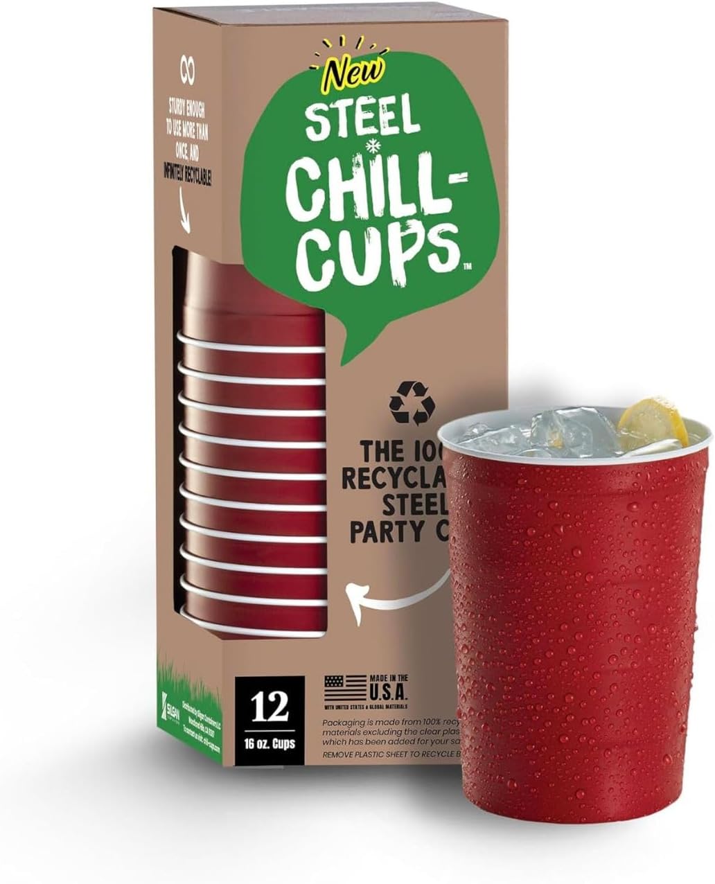 16 oz. Party Cups, Perfect for Cold Drinks, Sturdy & Durable, Disposable and 100% Recyclable, Made in USA, Red, 12 Count