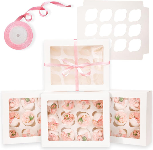 12 Cupcake Containers 12-Packs White Cupcake Box Cupcakes Carrier, 12 Cupcake Boxes with Window 13"x10"x3.5"（Auto-pop up）