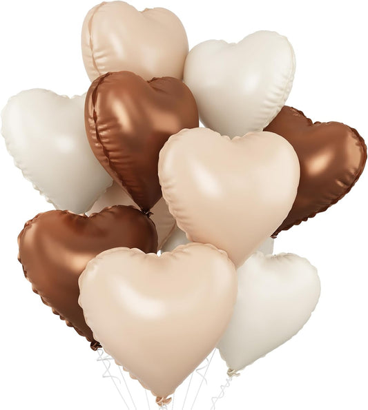 Sand White Brown Heart Balloons,10Pcs Apricot Beige Foil Heart Shaped Balloons,18Inch Boho Cream Nude Neutral Helium Balloon for Valentines,Engagement,Birthday,Baby Shower,Wedding Party Decorations