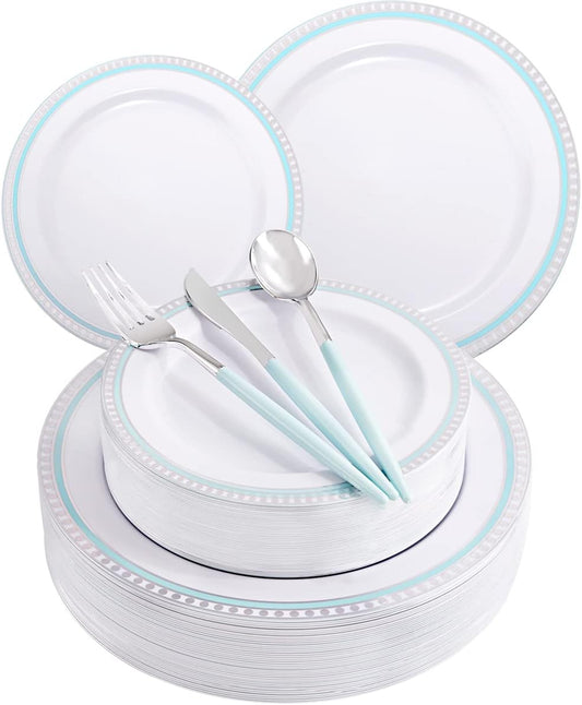 COLOSUS 125pcs Disposable Silver Blue Plastic Plates and Silverware .Light baby blue dinnerware party set include 25 Dinner Plate 25 Dessert Plate 75 silverware for Easter day Party Dinner