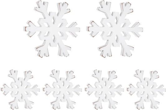 Snowflake Decorations Christmas Decor 6Pcs Winter White Wooden Snowflakes Standing Christmas Tiered Tray Decor Winter Wonderland Decorations for Indoor Home Xmas Table Shelf Fireplace Mantel
