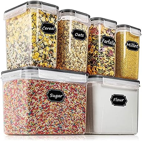 Wildone Airtight Food Storage Containers Cereal & Dry Food Storage Container Set of 6(Black Lid), Leak-proof & BPA Free, With 1 Measuring Cup & 20 Chalkboard Labels & 1 Chalk Marker by Wildone