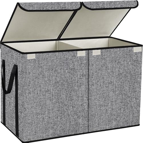 YOLOXO Large Kids Toy Box Chest Storage organizer with Double Flip-Top Lid - Collapsible Sturdy Toy Organizers And Storage Bins With Big Handles For Nursery, Playroom, 26.8"x13.8"x16"(Grey) by YOLOXO