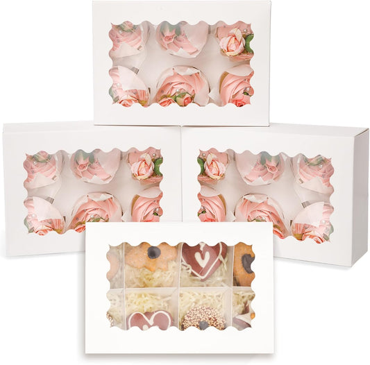 qiqee White 6 Cupcake Boxes with Window Auto-pop up 30 Packs Cupcake Box 9"x6.1"x3.3" Bakery Boxes For Cupcakes Carrier, Cupcake Containers