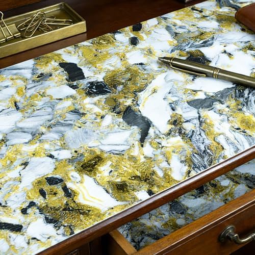 Drawer and Shelf Liner - Yellow Black Marble Pattern,Non Adhesive - Image 4