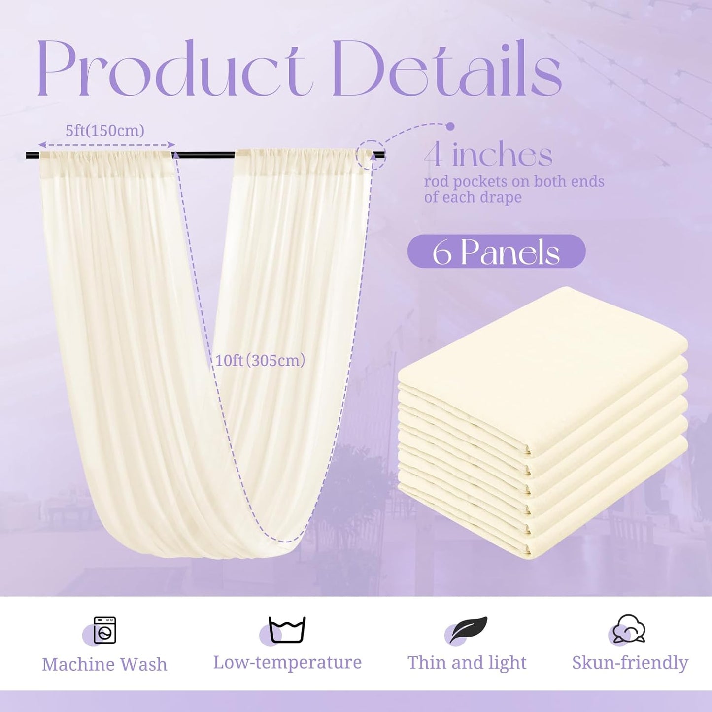 6 Panels Ivory Ceiling Drapes for Wedding, 5ftx10ft Ceiling Drapes Cheesecloth Sheer Fabric Curtain Wedding Arch Draping Fabric Romantic Ceiling Decorations for Wedding Party Ceremony Stage