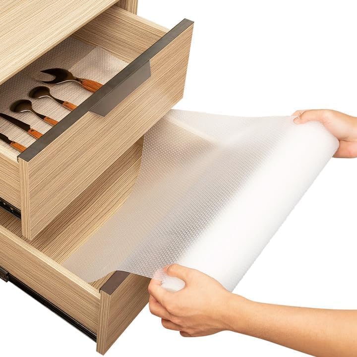 Shelf Liner Drawer Liner for Kitchen Cabinets Non-Adhesive by Linda’s Essentials (17.7 x 240 Inches) - Non-Slip Easy Clean Kitchen Cabinet and Cupboard Protector, Waterproof Mat, Clear Roll by LindasEssentials