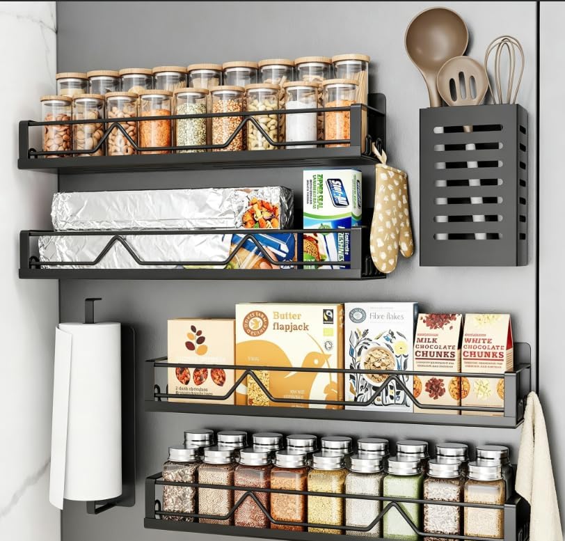 16.9 Inch Large Capacity Magnetic Spice Rack for Refrigerator Black, 6 Pack by Mystozer