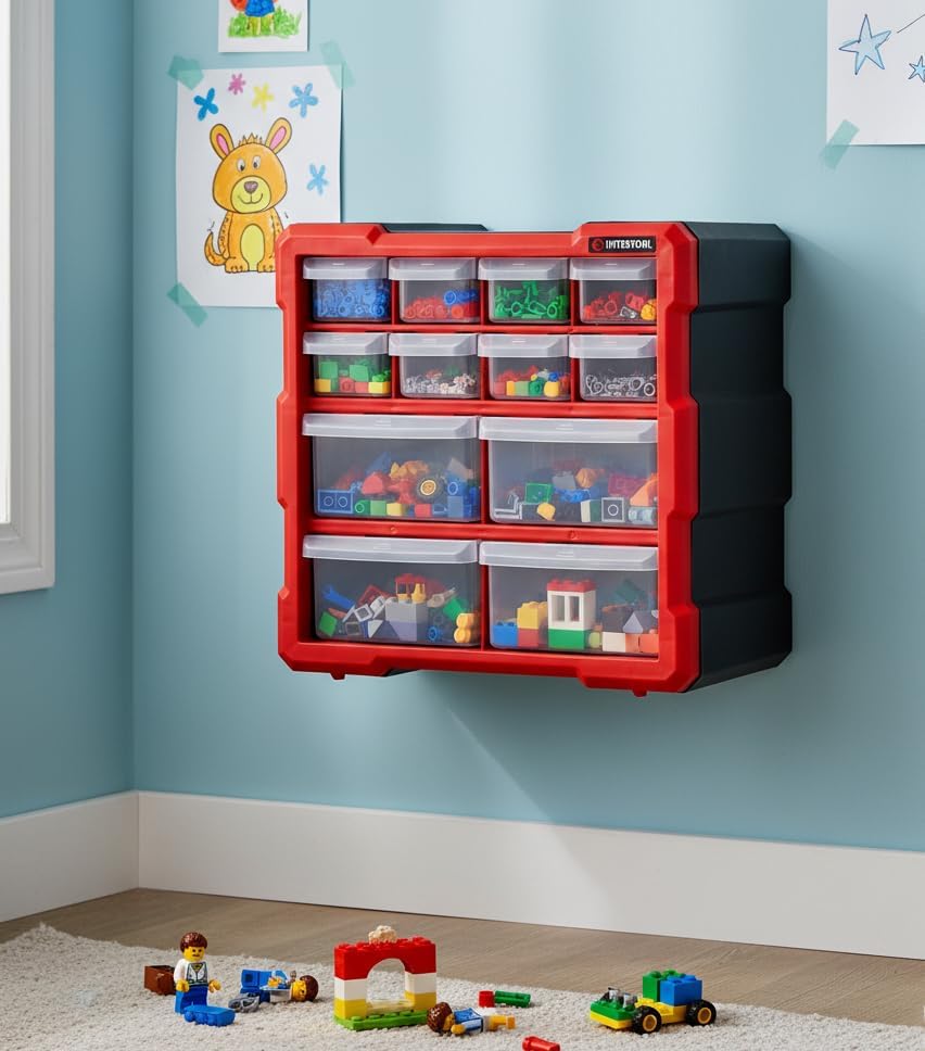INTERTOOL Small Parts Organizer - 12 Removeable Bin Drawers - Tool Box for Storing Hardware and Garage Organization - For Screws, Bolts, Legos, Arts and Crafts - 10” x 10” x 6” - BX08-4024 - Image 7