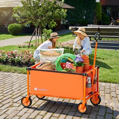 29.3" Collapsible Wagon Cart, 150L Heavy Duty Folding Utility Wagon with Wheels, 260 lbs Load, Portable Rolling Cart for Garden, Shopping, Sports, Camping, Orange - Image 2