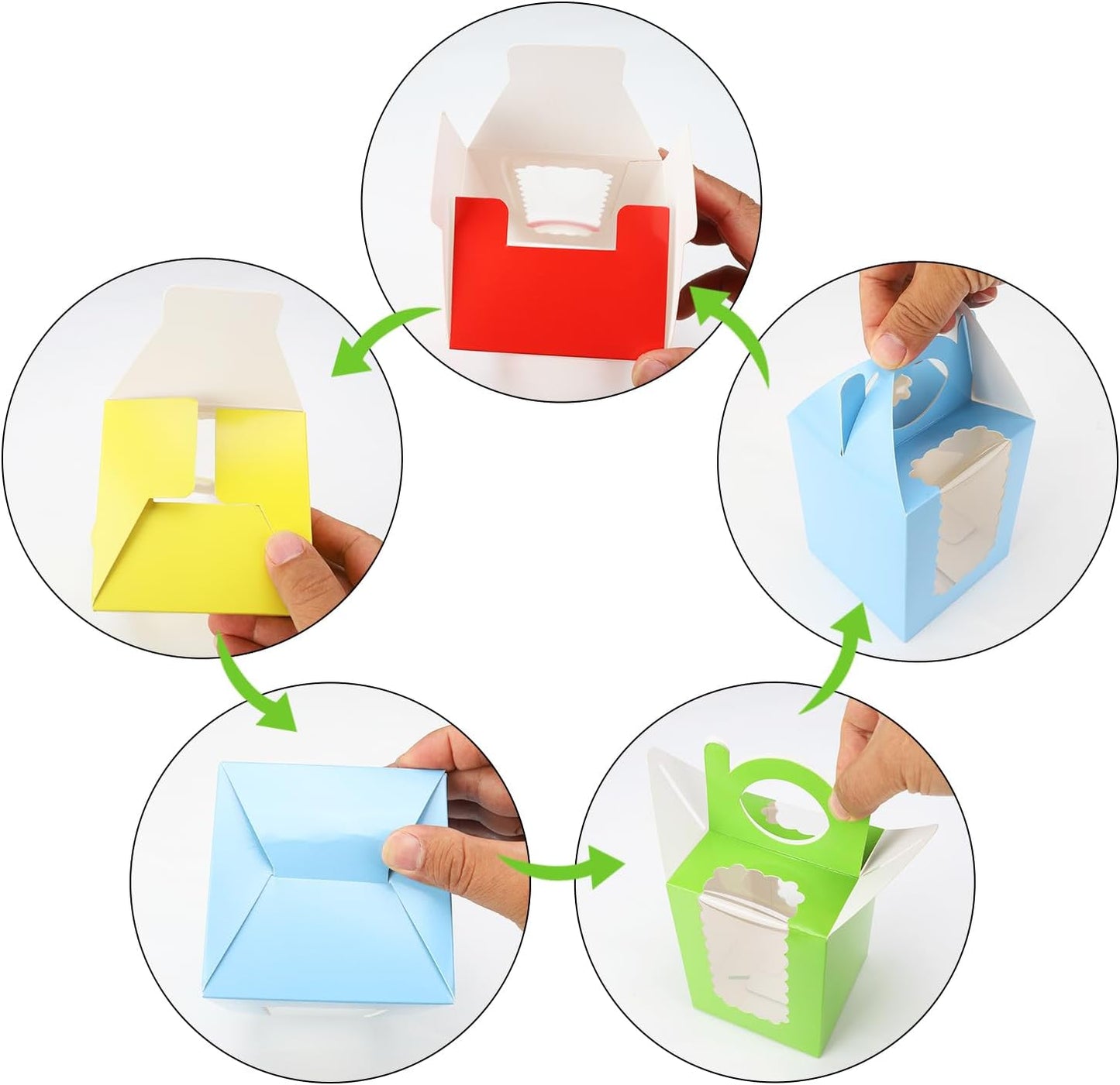 Individual Cupcake Boxes 4x4x5 Inches Disposable Pastry Tray Boxes, With Window Insert and Handle, Perfect for Parties, Birthdays, Bakery Wrapping and Events Containers (Yellow-50Pack)