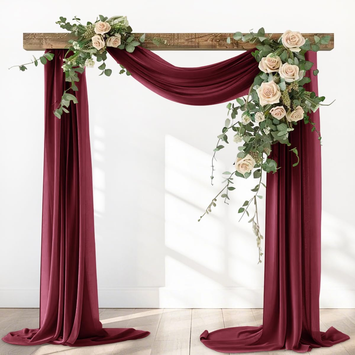 Burgundy Red Fall Thankgiving Elegant Arch Draping Fabric 2 Panels Outdoor 29" × 20Ft Sheer Chiffon Curtain Drapes for Wedding Ceremony Birthday Party Garden Brunch