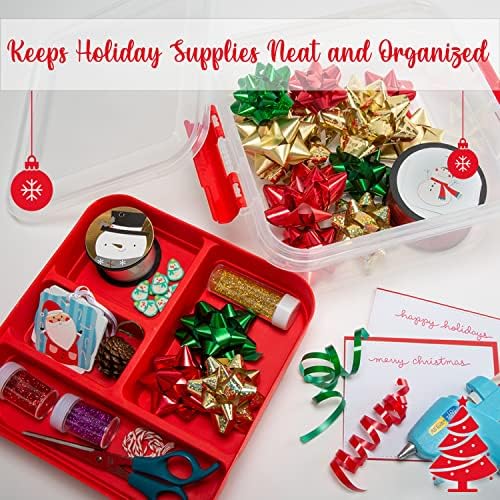 Simplify 5 Compartment Gift Supply Storage Box | 2 Tier Box | Red | Clear Top Lid | Dimensions: 9.5"x 9.5"x 4.5" | Snap Handle| Storage | Wrapping Accessories - Image 3
