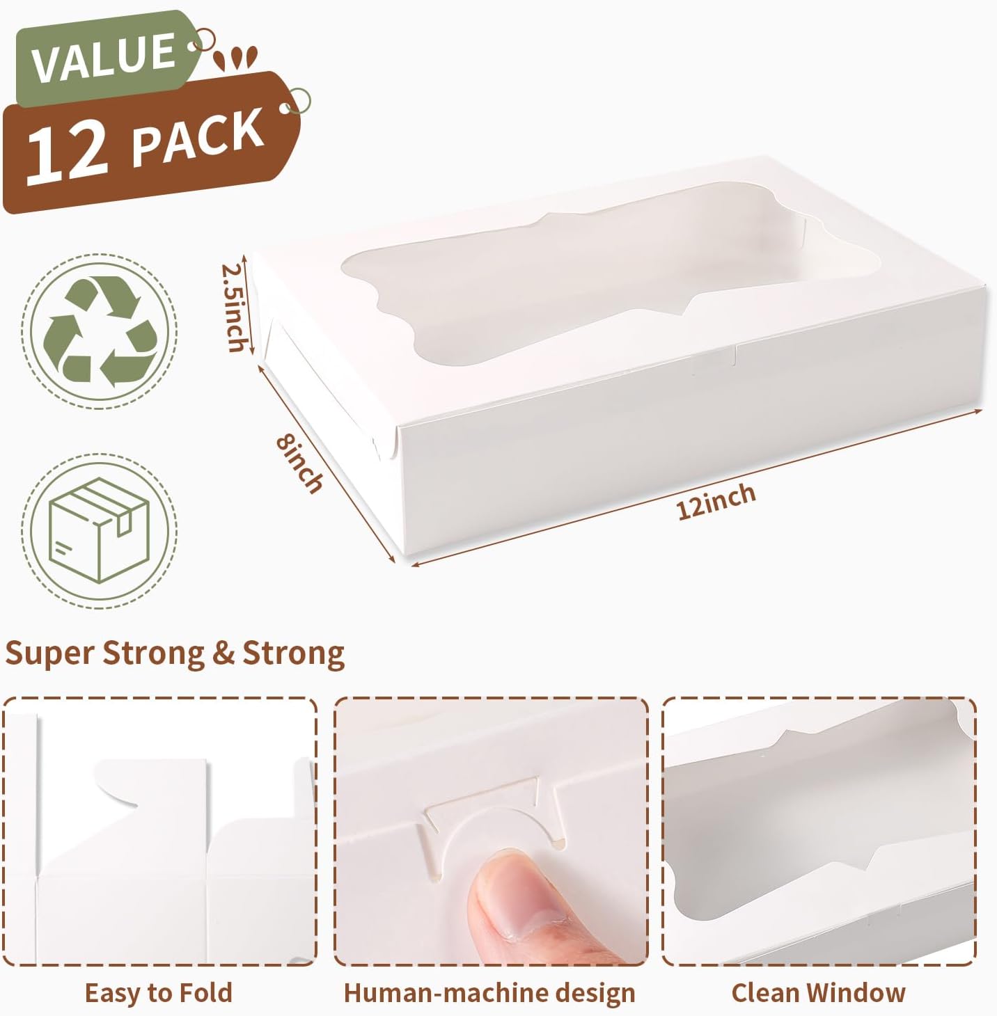 12pcs12x8x2.5 Inches Bakery Boxes,Cookie Boxes with 3Style for Window Bread,Treat，Chocolate,Strawberries,Dessert,Cakes,Donuts,Muffins,pastry