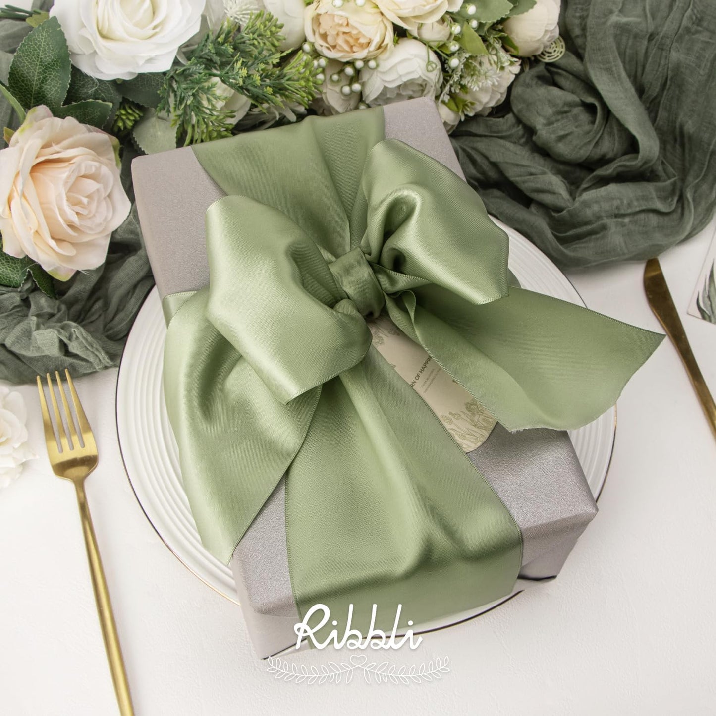 Ribbli Dusty Sage Satin Ribbon 4 Inch Wide Sage Green Ribbon for Wedding Chair Sash Grand Opening Ceremony Big Bows Gift Wrapping Floral Crafts Cake Decor-Double Faced Satin Continuous 10 Yards