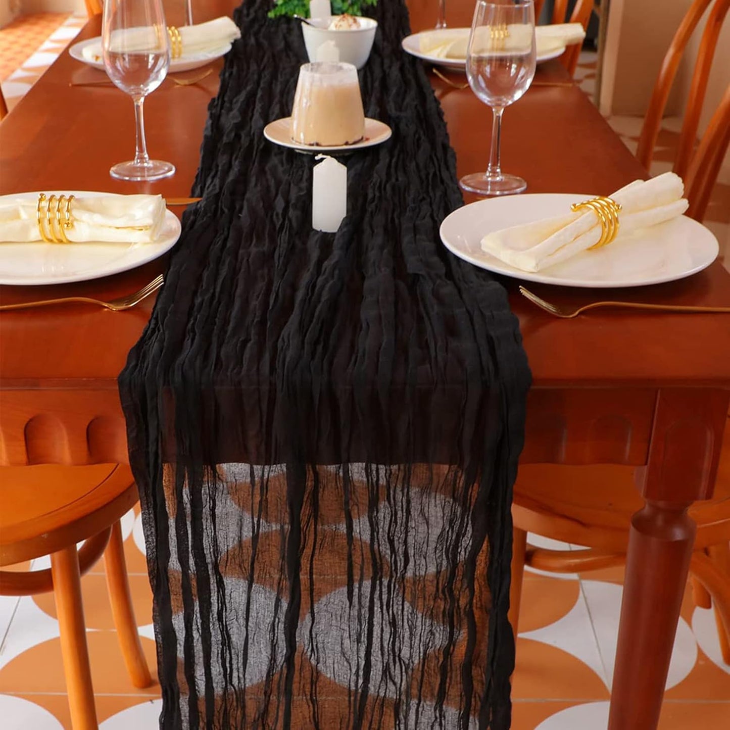 Snowkingdom 13Ft Black Cheesecloth Table Runner, 160inch Long Cheese Cloth Boho Gauze Runner for Wedding Bridal Baby Shower Birthday Holiday Party Sheer Halloween Table Decorations