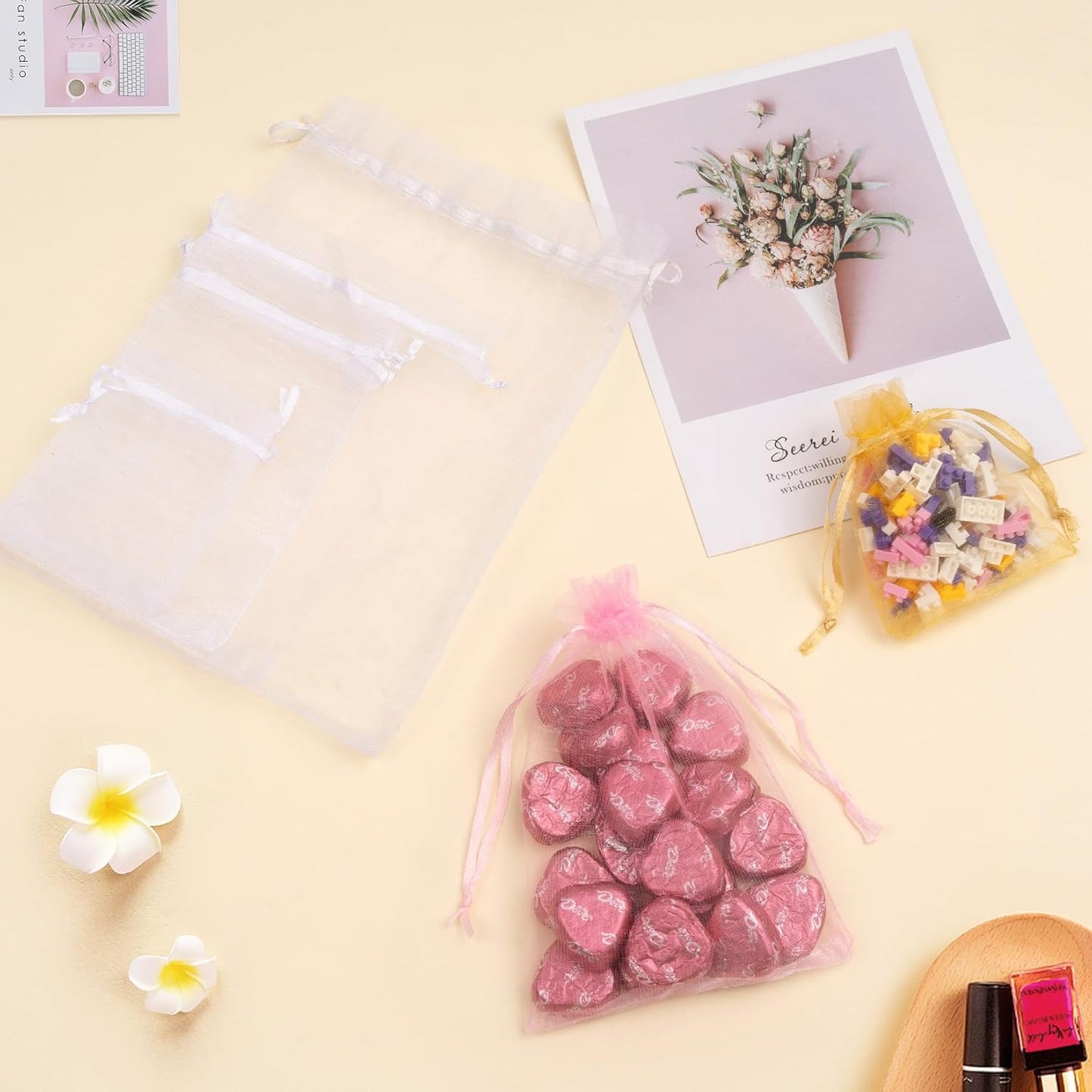 50 Pcs White Organza Bags 5x7 Inch, Small Mesh Bags Drawstring Gift Bags Party Favor Bags for Jewelry Candy Christmas