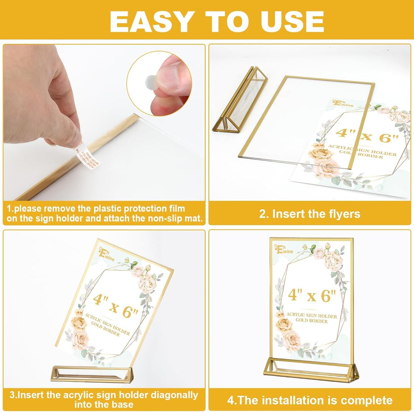 EHWINE 6 Pack Acrylic Sign Holder 4 x 6, Double Sided Gold Picture Frame Stand up Table Top Sign Holders, Clear Display Stand Menu Flyer Holder for Wedding Party