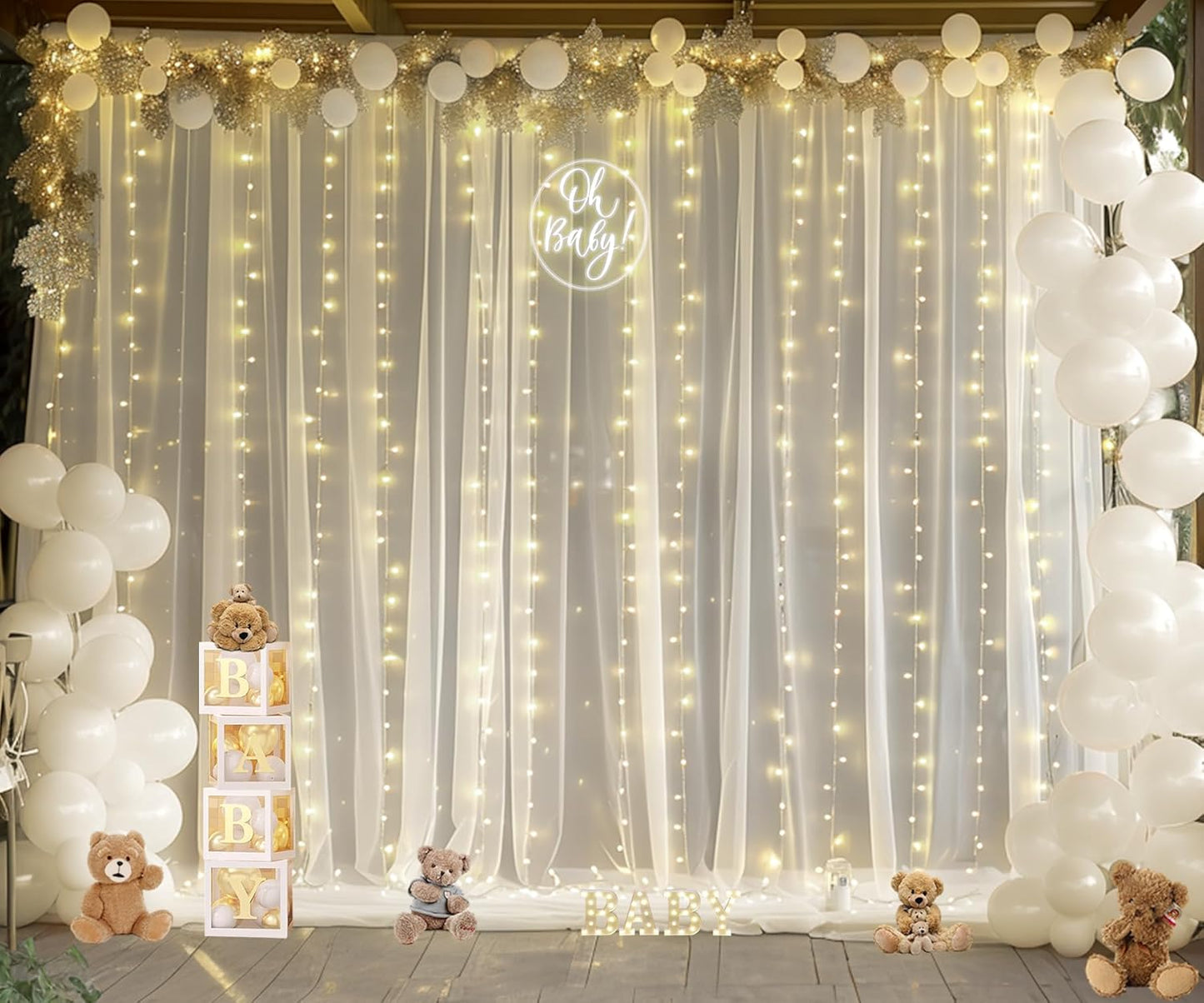 Ivory Tulle Backdrop Curtains with Lights String for Parites Wedding 20×8ft Ivory Sheer Backdrop Curtains for Baby Shower Birthday Party Photo Shoot Background Decorations(4 Panels 5ft×8ft)