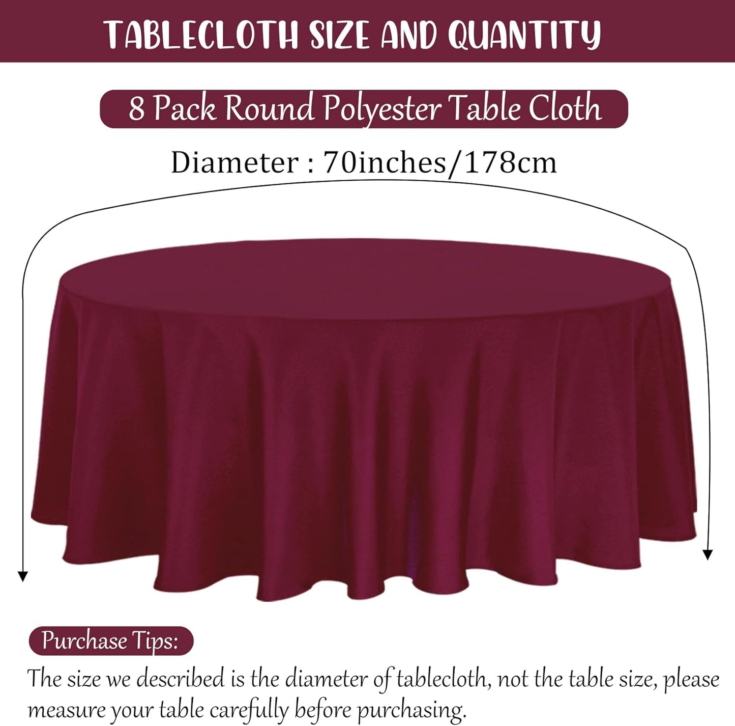 8 Pack Round Tablecloth 70 Inch Round Table Covers Bulk Washable Polyester Fabric Round Table Clothes for Wedding Party Reception Banquet Buffet Restaurant (Burgundy, 70 Inch)