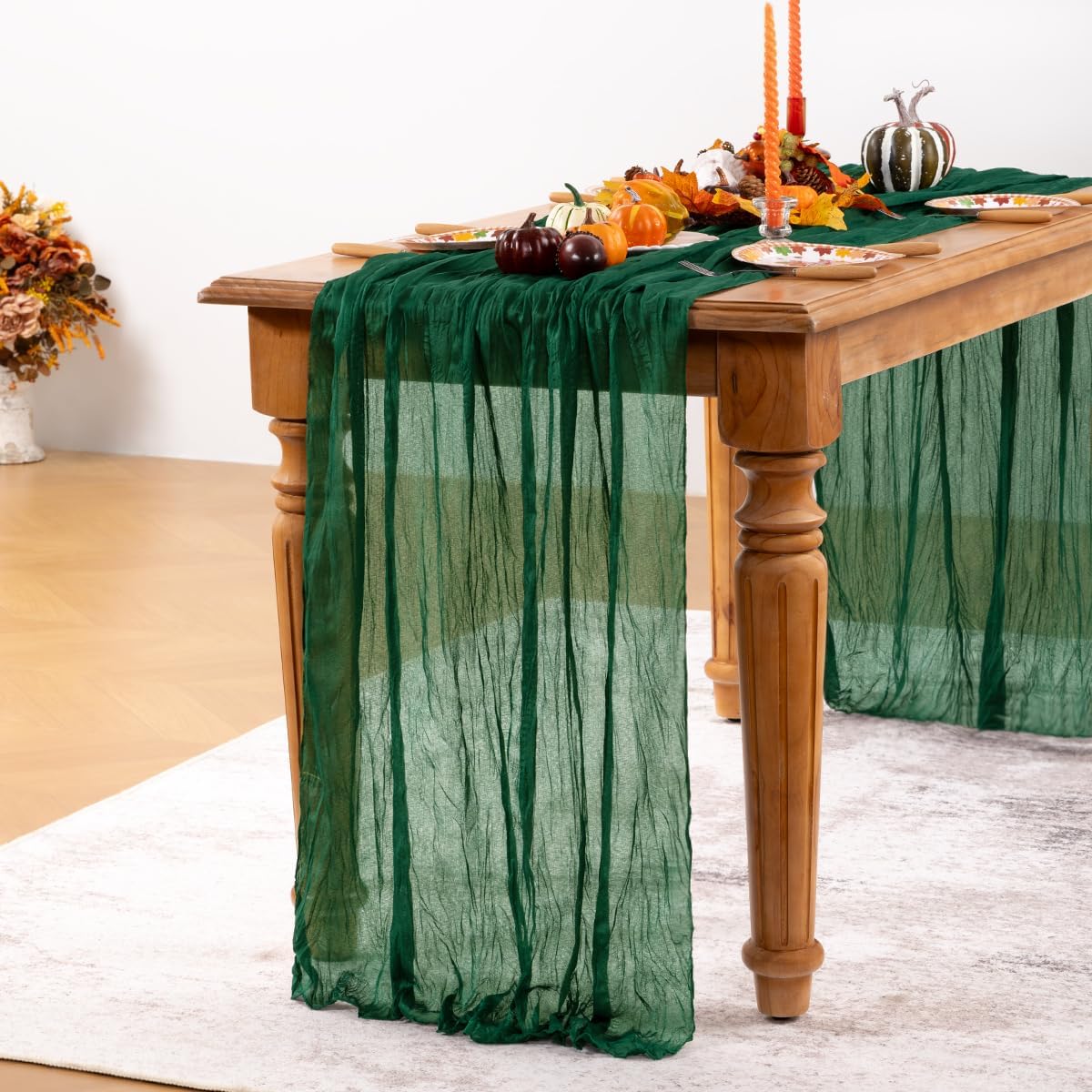 Emerald Green Cheesecloth Table Runner 6 Pack Fall Table Runners Boho Gauze 120 Inches Green Cheese Cloth Fall Table Decorations for Thanksgiving Wedding Bridal Baby Shower Tea Party