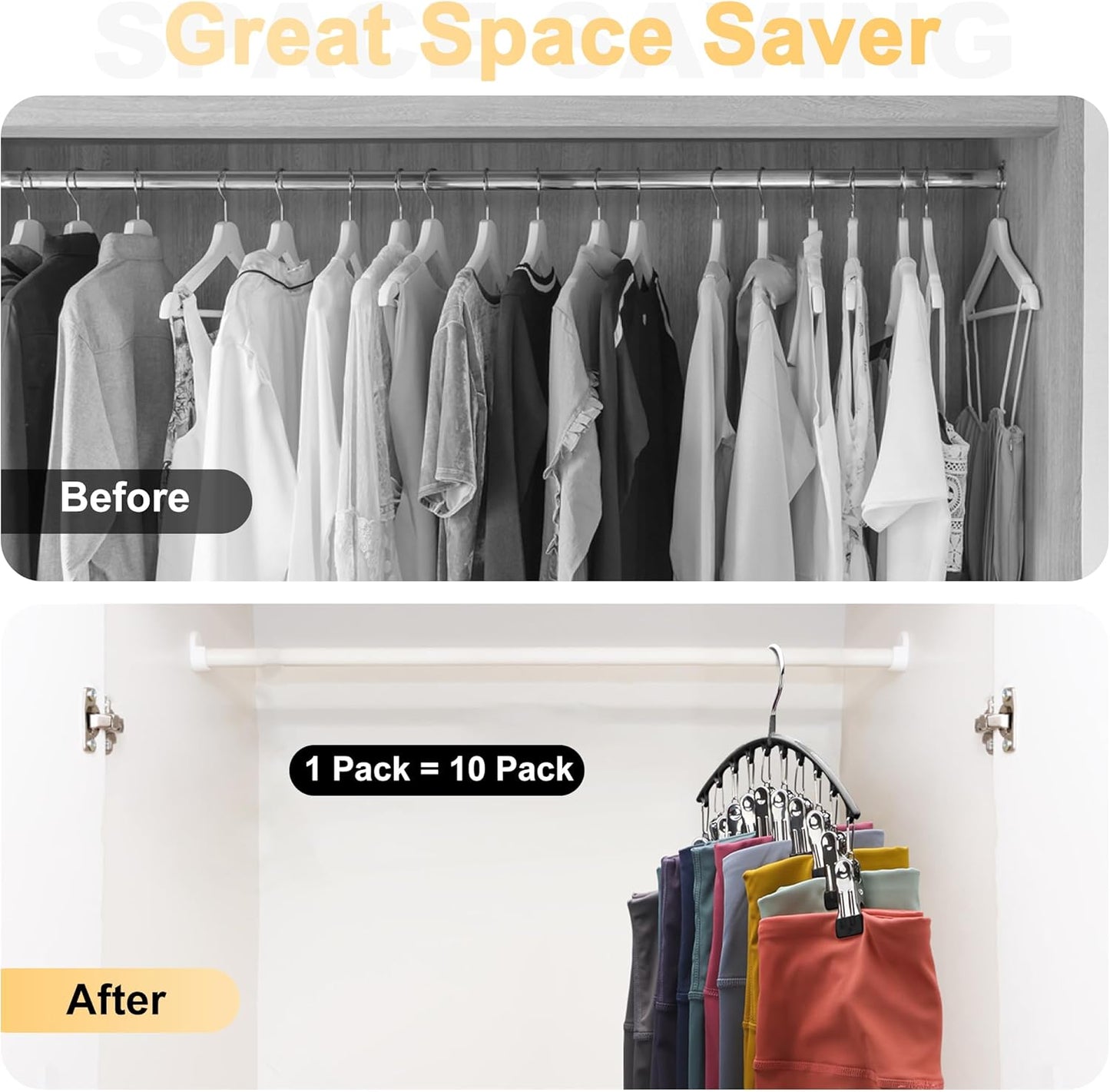 Legging Organizer for Closet, Metal Yoga Pants Hangers 1 Pack w/10 Clips Holds 10 Leggings, Space Saving Hanging Closet Organizer w/Rubber Coated Closet Organizers and Storage, Black