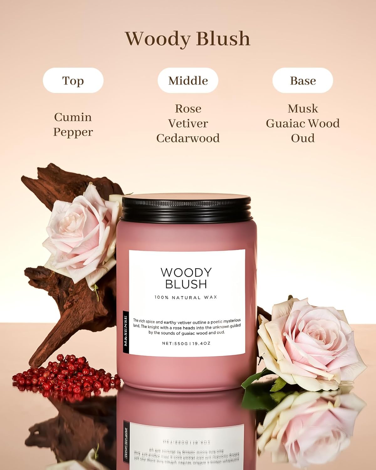 M&SENSE Rose Oud Wood Soy Candles 2 Wick, Large Scented Candles 19.4oz 110 Hour Long Lasting Burn Non Toxic Natural Luxury Aromatherapy Gifts for Women & Relaxing Spa Yoga