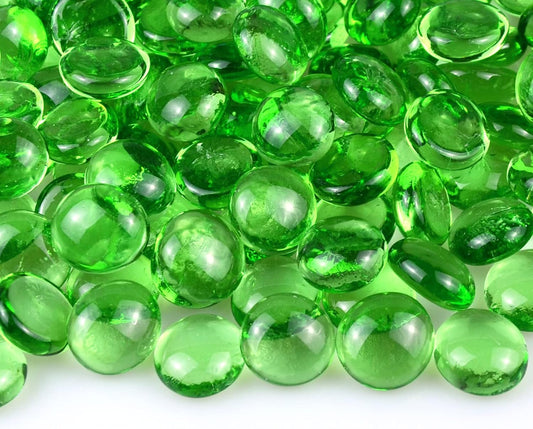 KINGOU Flat Glass Gems/Marbles/Stones/Beads for Vase Filler, Table Scatter, Games - 1 Lbs (17-19mm, Approx. 3/4")-Green Luster
