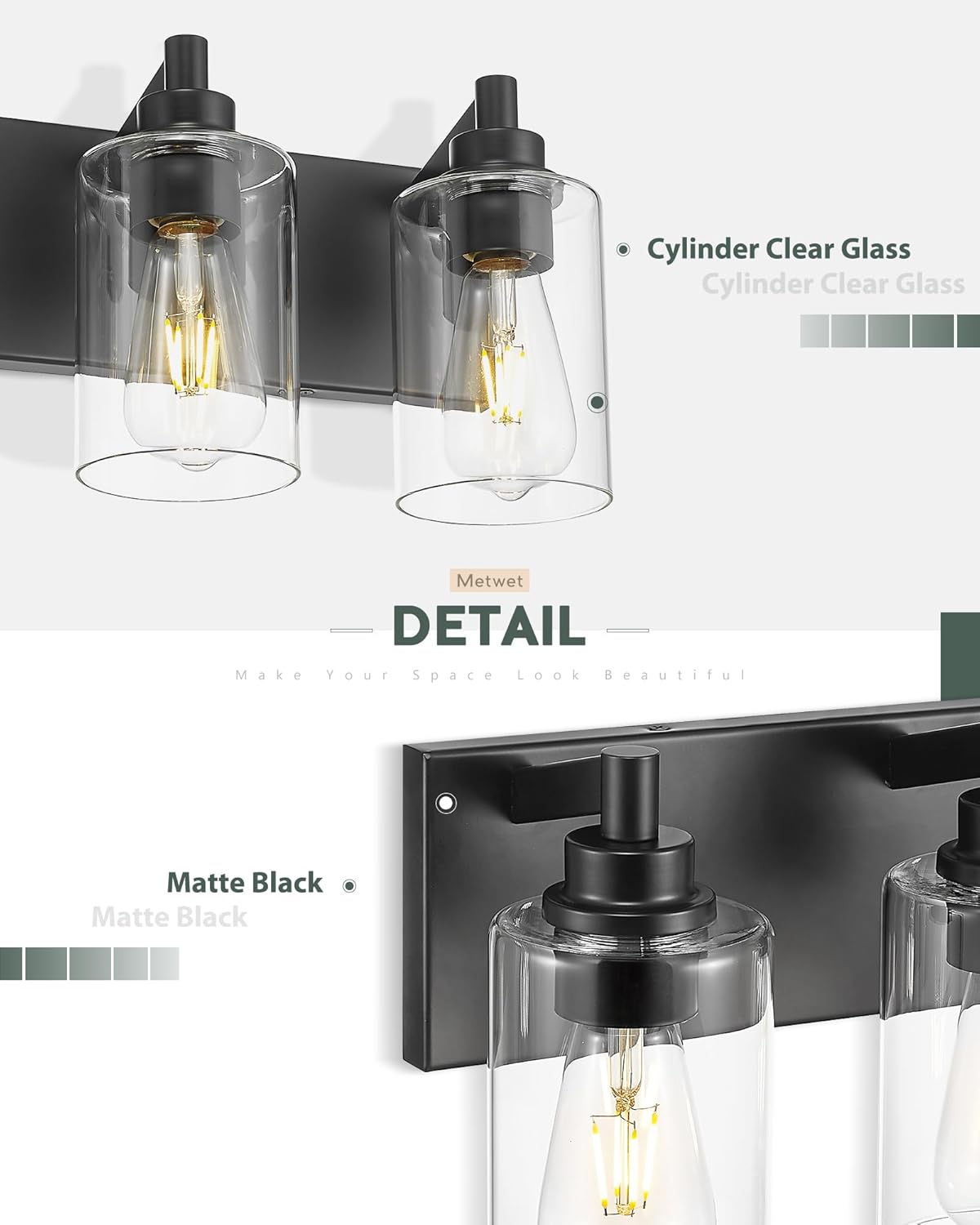 3-Light Bathroom Light Fixtures, Black Vanity Light with Cylinder Clear Glass Shade, Modern Vanity Lighting Fixtures Over Mirror, VL143-MB-3
