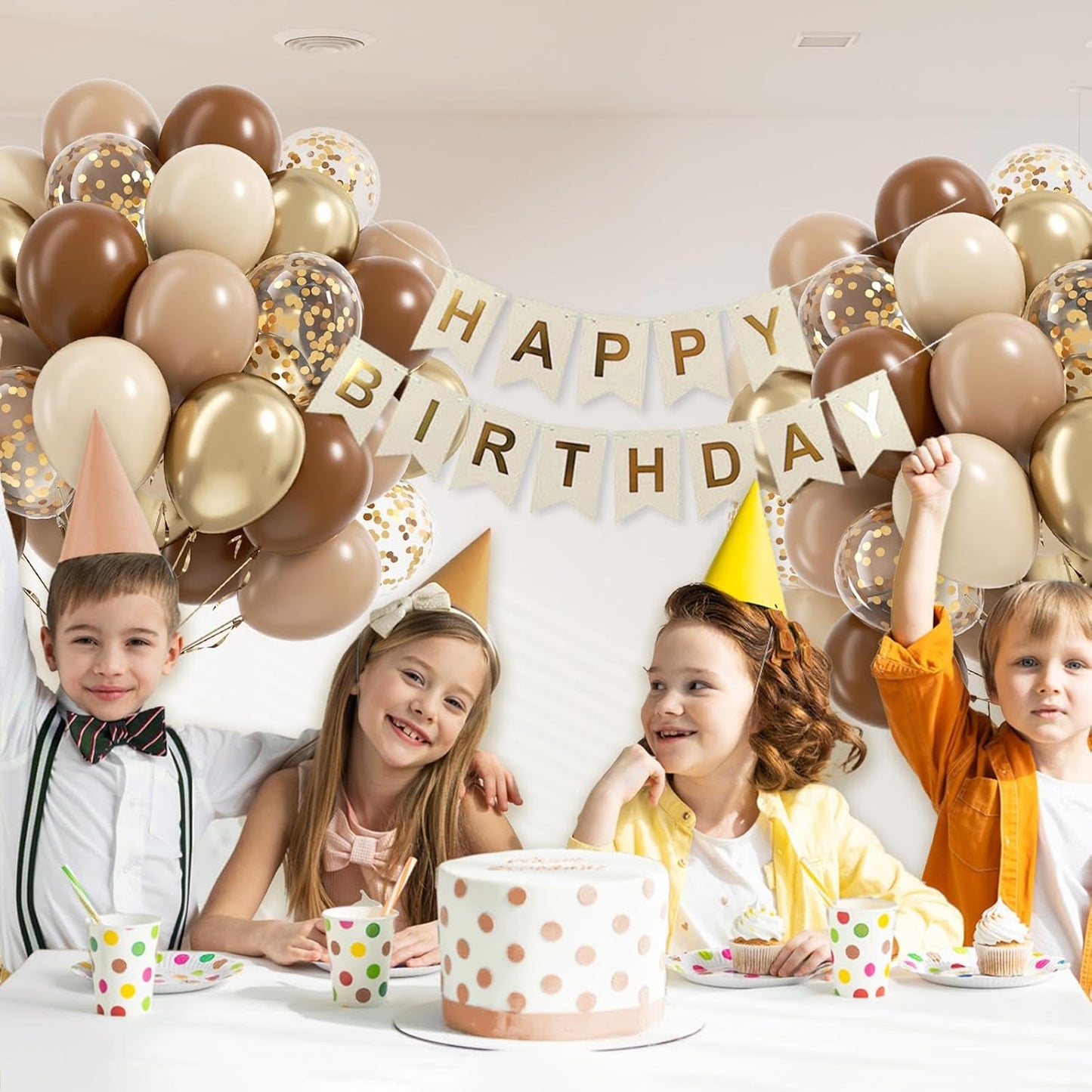 60pcs Brown and Gold Balloons for Neutral Bridal Shower, Birthday, Baby Shower Party Decorations - Light Sand White Confetti Balloons