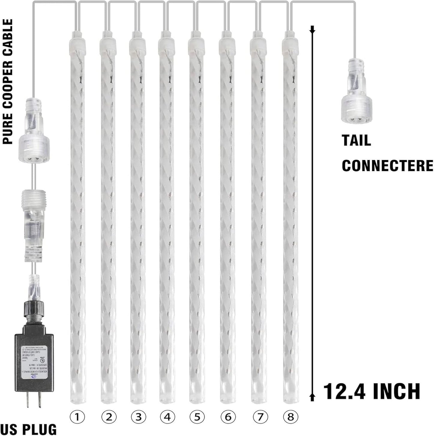 Dazzle Bright 4th of July Lights Decorations, 288LED Red Blue and White Meteor Shower Rain Lights 12Inch 8 Tubes, Waterproof Plug in Falling Rain Light Independence Day for Outdoor Yard