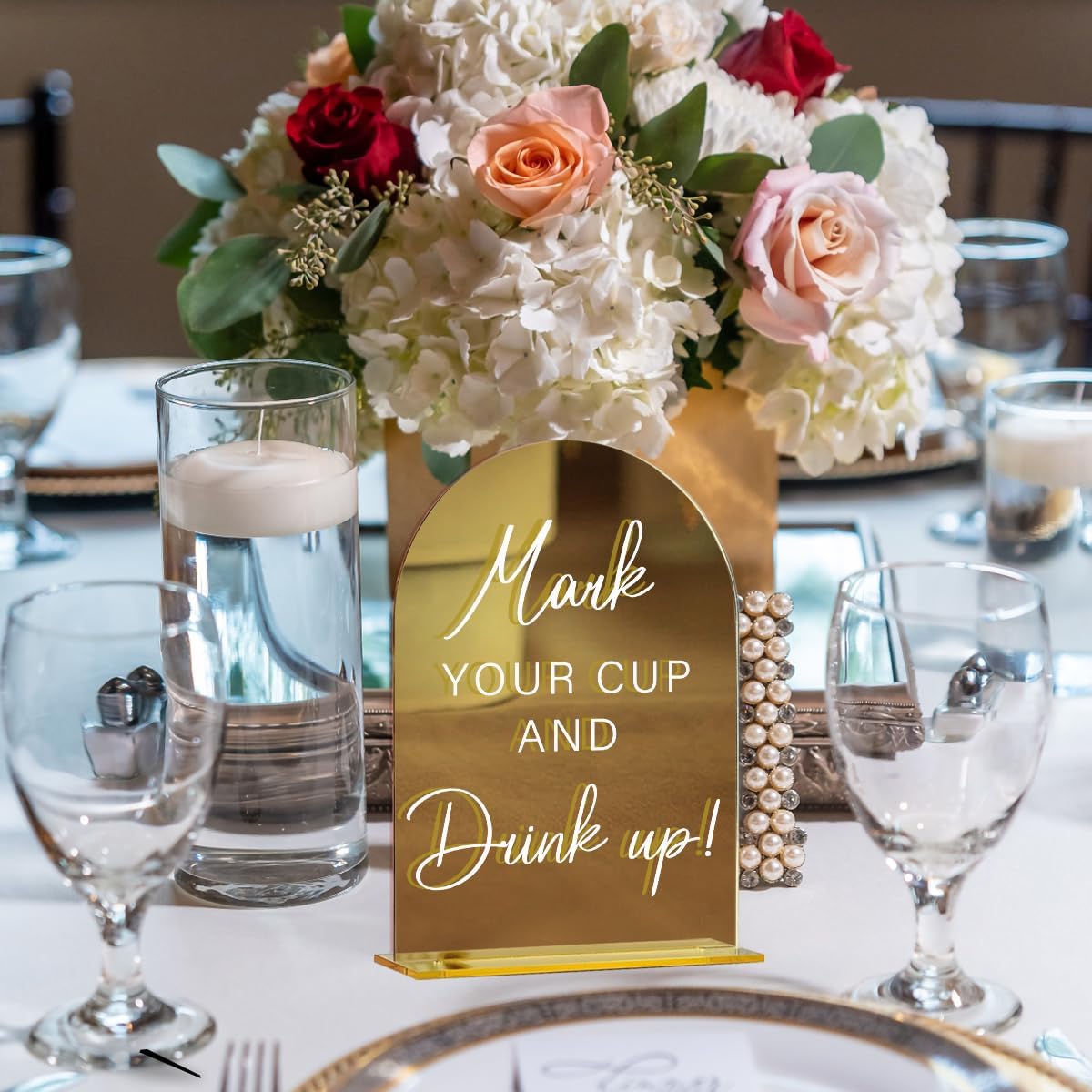 Acrylic Wedding Sign, Bridal Shower Decorations, Mark Your Cup and Drink Up Sign for Ceremony, Modern Font Table Signs, Gold Mirror Arched Acrylic Tabletop Signs for Wedding Reception and Event Party